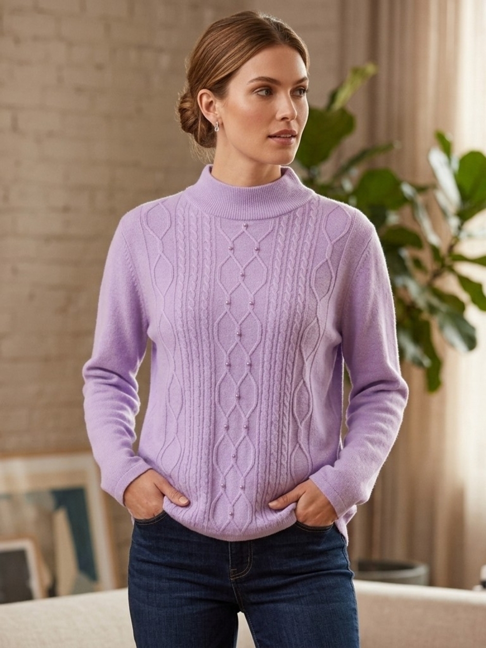 Alia Lavender Cable-Detail Mock Neck Sweater With Tiny Pearls Size L